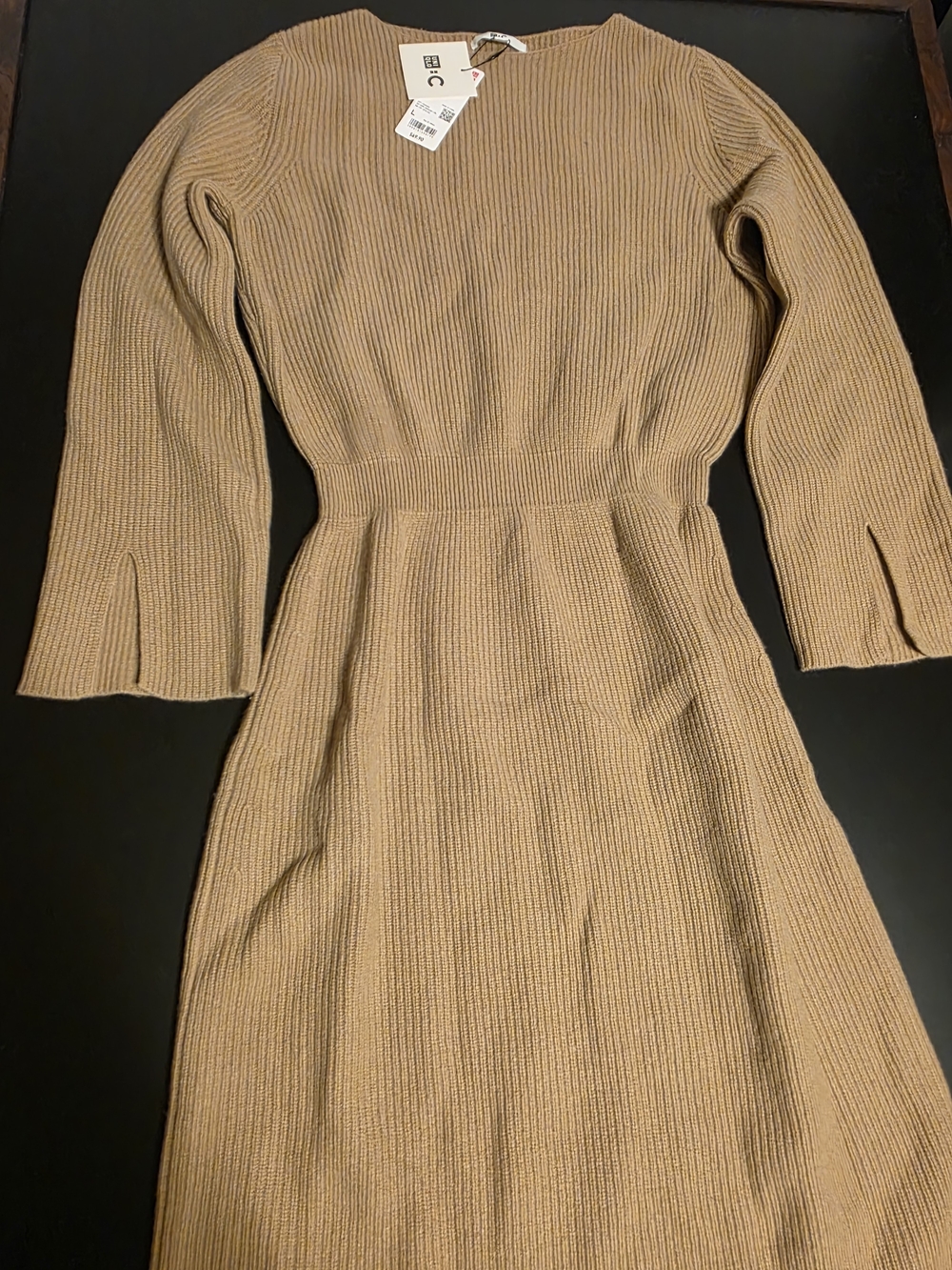 Lightweight Ribbed Knit Midi Dress - Tan